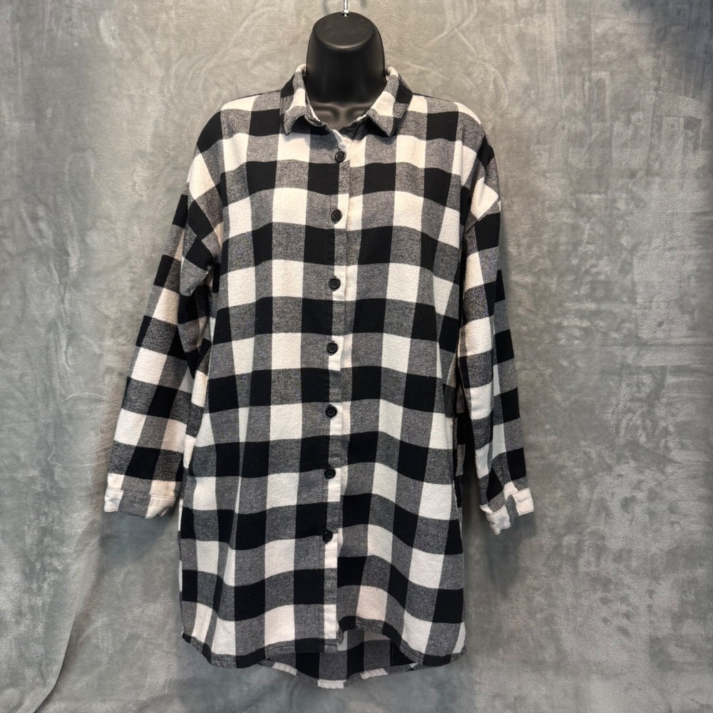 Forever 21 Womens Black White Buffalo Plaid Flannel Shirt Dress Pockets Medium